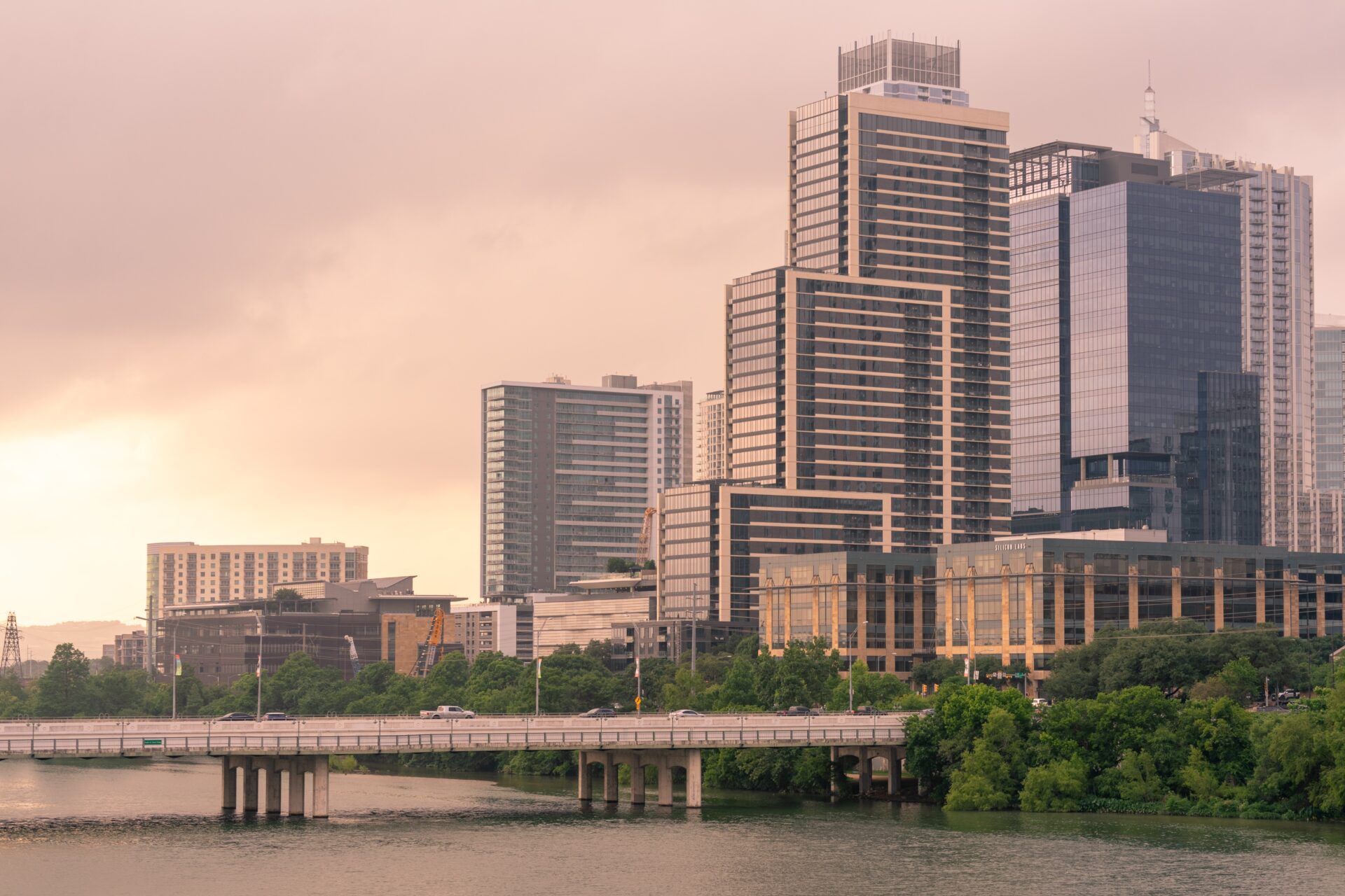 A view of the city skyline from across the river.